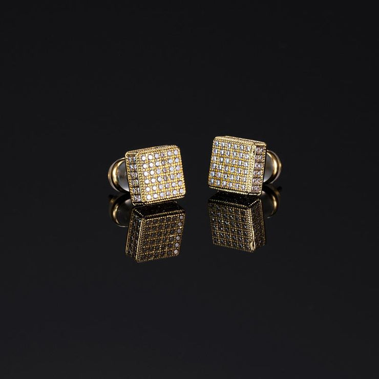2 Pairs Pack White / Yellow Gold  Pave Square Earrings