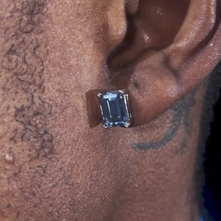 Royal Blue Moissanite Emerald Cut Stud Earrings-4.00 Carat Total