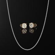 Yellow Gold Cluster Solitaire  Earrings & 3mm Rope Chain Set