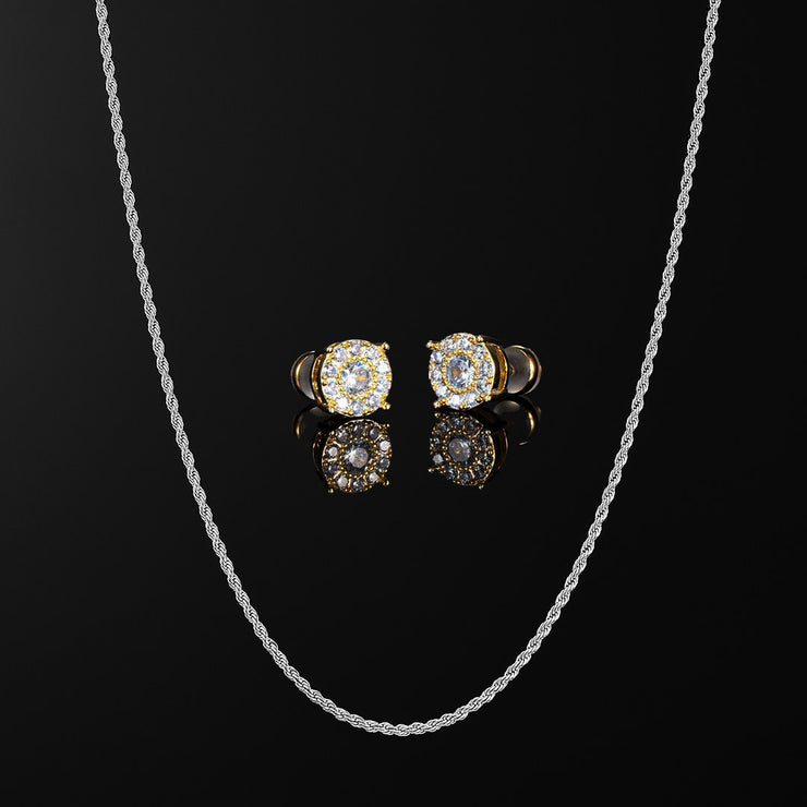 Yellow Gold Cluster Solitaire  Earrings & 3mm Rope Chain Set
