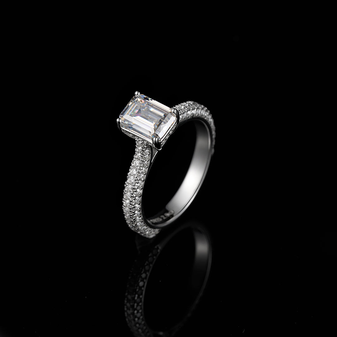 Emerald Cut Halo Ring with Side Diamonds