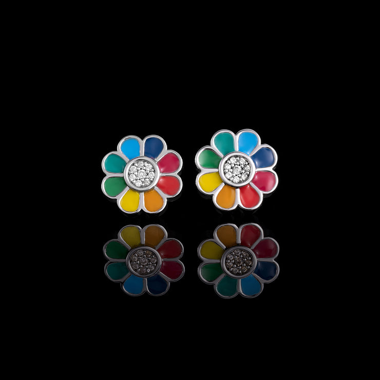 Mossanite Enamel Rainbow Hippie Flower Stud Earrings