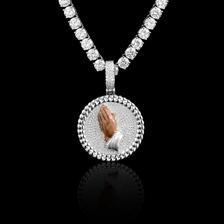 Moissanite Enamel Praying Hands Mens Medallion